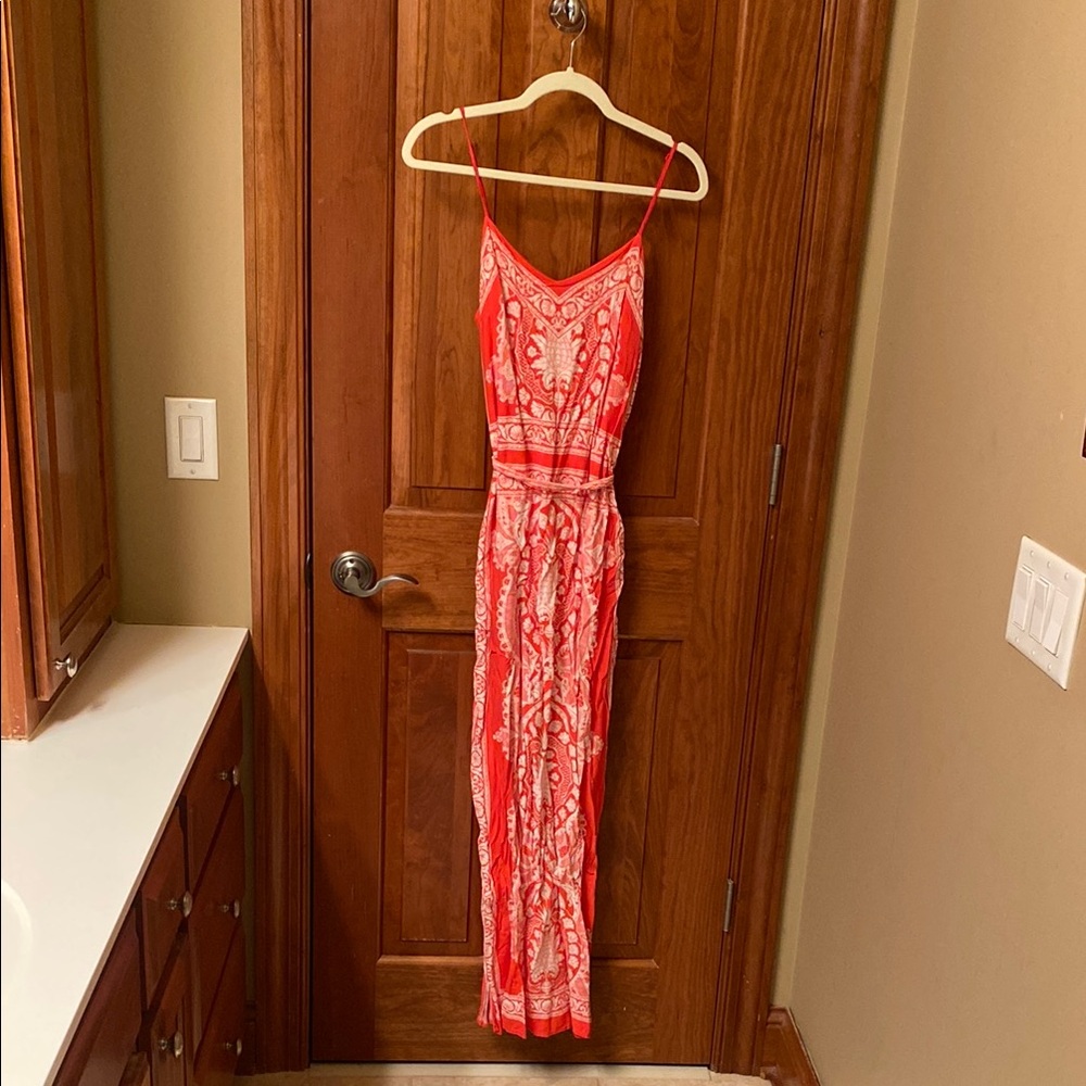 Vibrant Red and White Patterned Maxi Dress